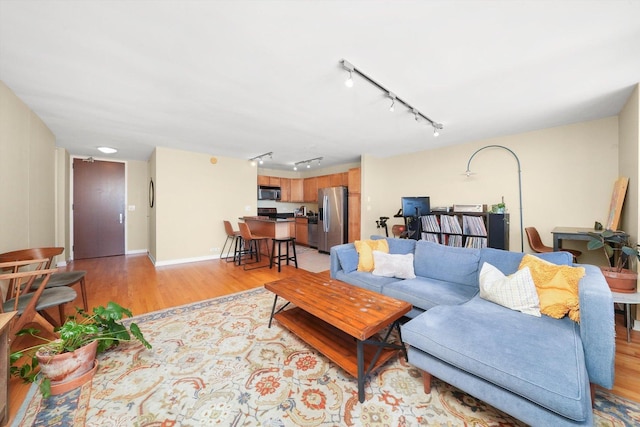 living room featuring light hardwood / wood-style floors and rail lighting