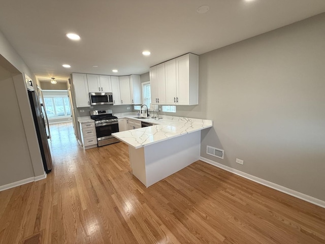 kitchen featuring white cabinetry, sink, light hardwood / wood-style flooring, kitchen peninsula, and appliances with stainless steel finishes