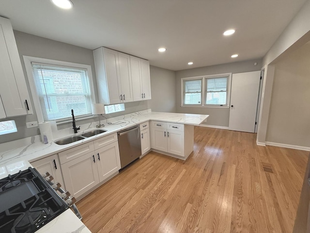 kitchen featuring kitchen peninsula, sink, stainless steel dishwasher, light wood-type flooring, and white cabinetry