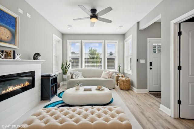 living area with ceiling fan and light hardwood / wood-style flooring