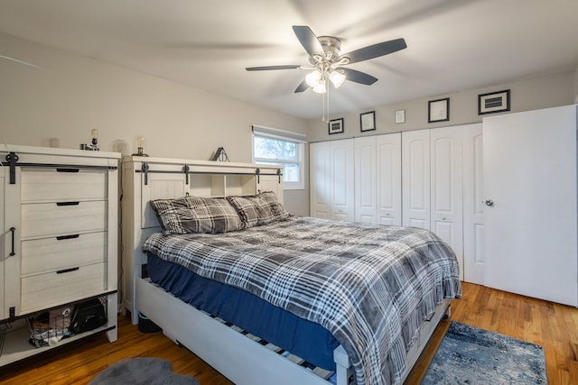 bedroom with ceiling fan, dark hardwood / wood-style flooring, and a closet