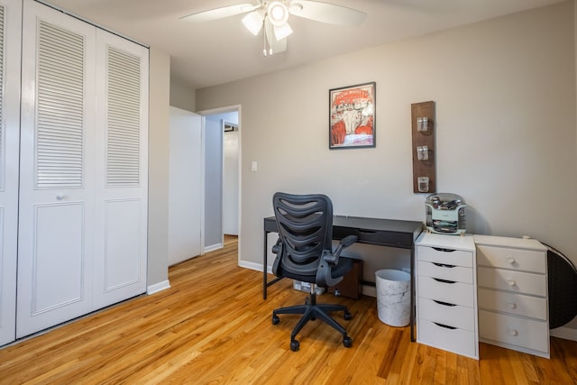 home office with ceiling fan and light hardwood / wood-style flooring