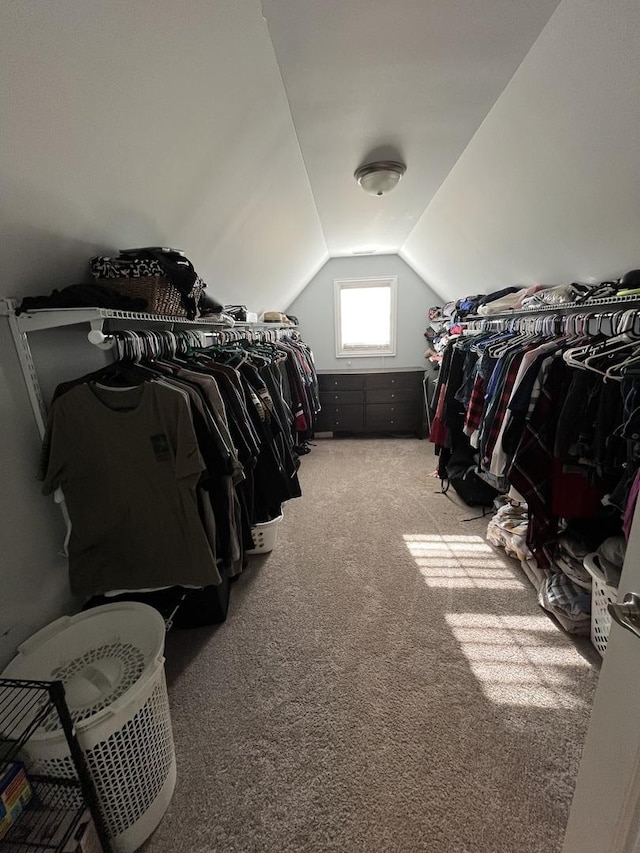 walk in closet featuring carpet and lofted ceiling