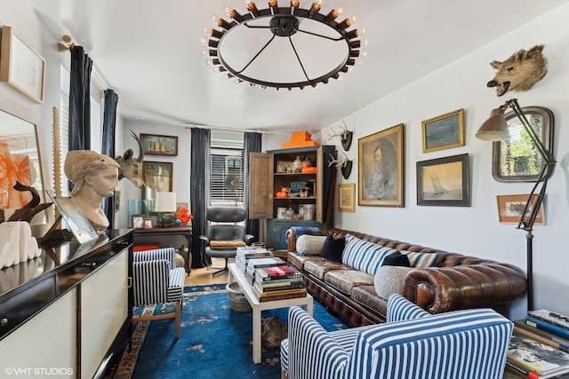 carpeted living area featuring radiator