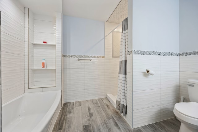 bathroom with toilet, tile walls, and independent shower and bath