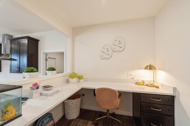 office space featuring dark hardwood / wood-style flooring and built in desk