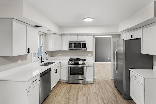 kitchen featuring sink, white cabinets, light hardwood / wood-style floors, and appliances with stainless steel finishes