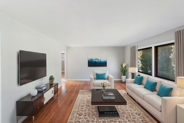 living room featuring dark wood-type flooring