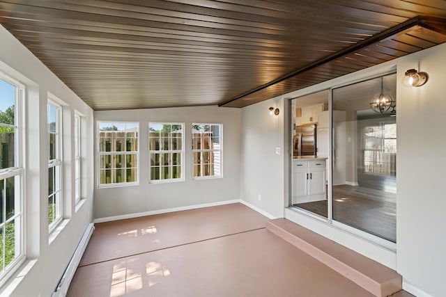 unfurnished sunroom featuring a notable chandelier, vaulted ceiling, wooden ceiling, and a baseboard heating unit