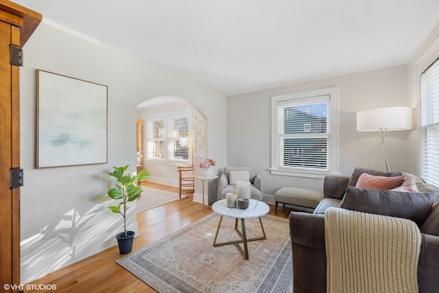 living room with a wealth of natural light and hardwood / wood-style flooring