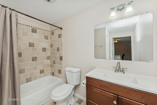 full bathroom with toilet, vanity, and shower / tub combo with curtain