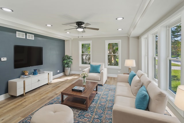 living room featuring ceiling fan, ornamental molding, and light wood-type flooring