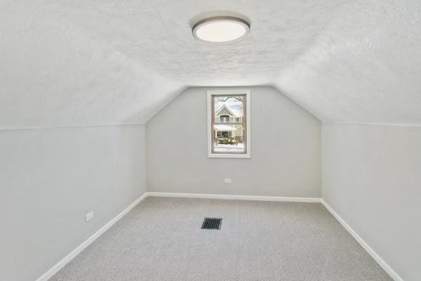 additional living space featuring light colored carpet and vaulted ceiling