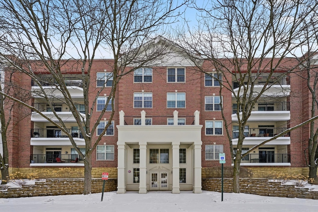 view of snow covered building