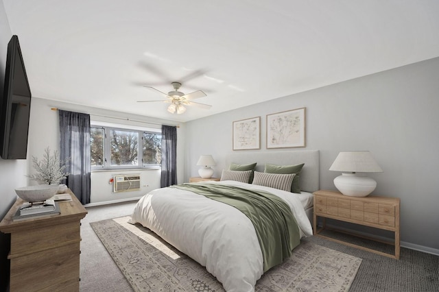 bedroom with ceiling fan and carpet flooring