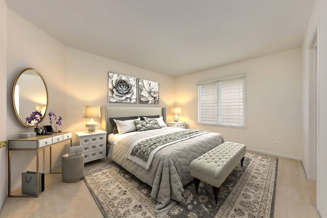 bedroom featuring light colored carpet