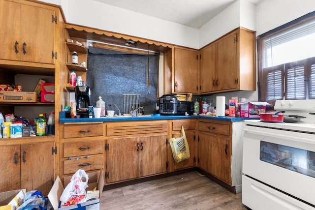 kitchen featuring dark hardwood / wood-style flooring, tasteful backsplash, and white electric stove