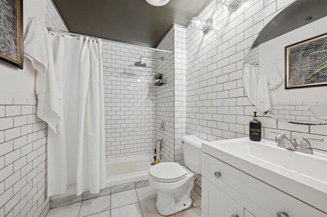 bathroom with vanity, a shower with shower curtain, tile walls, and toilet