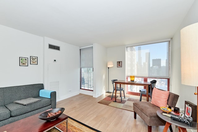 living room featuring floor to ceiling windows and light wood-type flooring