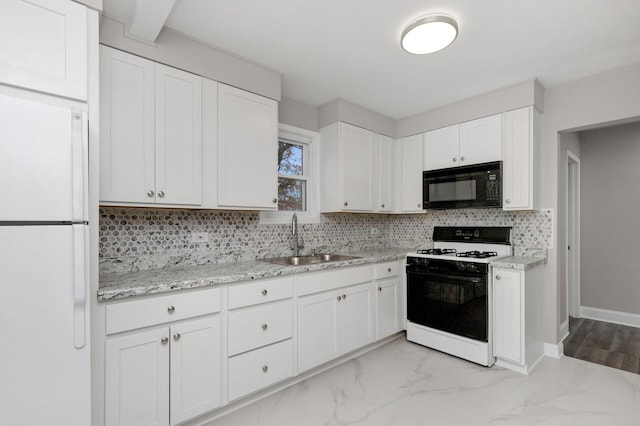 kitchen with white cabinets, backsplash, white appliances, and sink