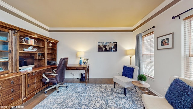 home office with ornamental molding and light hardwood / wood-style flooring