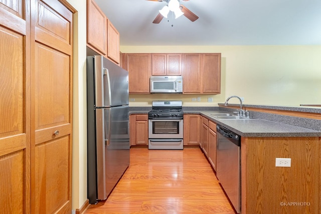 kitchen featuring ceiling fan, light hardwood / wood-style floors, sink, and appliances with stainless steel finishes