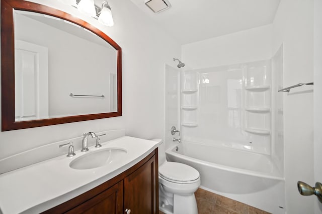 full bathroom featuring shower / bathing tub combination, vanity, toilet, and tile patterned floors