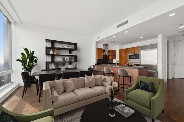 living room featuring sink and dark hardwood / wood-style floors