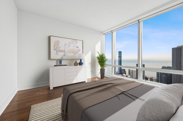 bedroom featuring a water view, expansive windows, and dark wood-type flooring