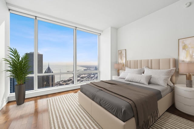 bedroom with floor to ceiling windows, a water view, multiple windows, and hardwood / wood-style flooring