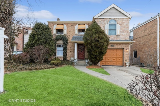 traditional-style home featuring a front lawn, concrete driveway, an attached garage, brick siding, and a chimney