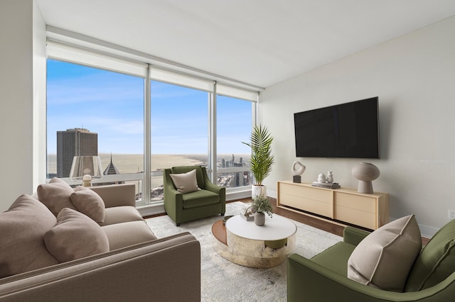 living room featuring light wood-type flooring and a wealth of natural light