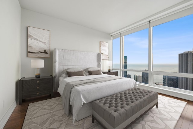 bedroom featuring hardwood / wood-style floors, a water view, and multiple windows