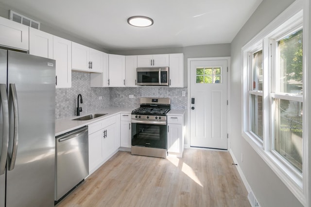 kitchen featuring sink, light wood-type flooring, white cabinetry, and appliances with stainless steel finishes