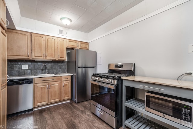 kitchen with decorative backsplash, sink, appliances with stainless steel finishes, and dark wood-type flooring