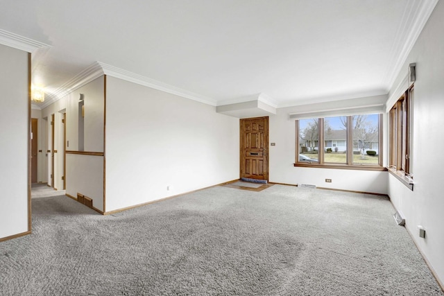 unfurnished living room with light carpet and ornamental molding