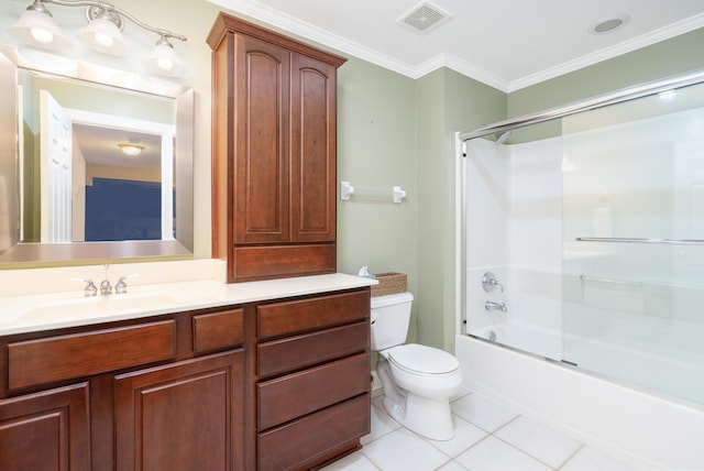 full bathroom with vanity, crown molding, bath / shower combo with glass door, tile patterned flooring, and toilet