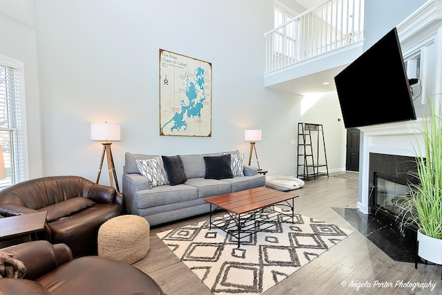 living room with a high ceiling, light wood-type flooring, and a premium fireplace