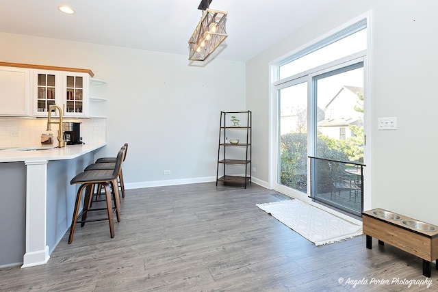 interior space featuring white cabinetry, a kitchen breakfast bar, tasteful backsplash, dark hardwood / wood-style floors, and pendant lighting