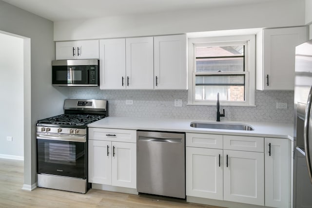 kitchen featuring white cabinetry, sink, stainless steel appliances, tasteful backsplash, and light hardwood / wood-style floors