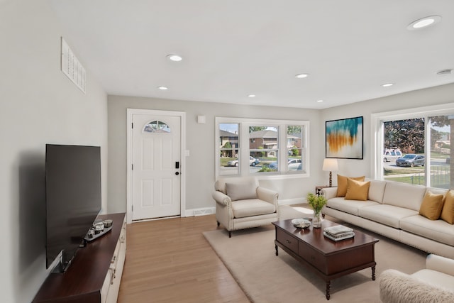 living room with light hardwood / wood-style flooring