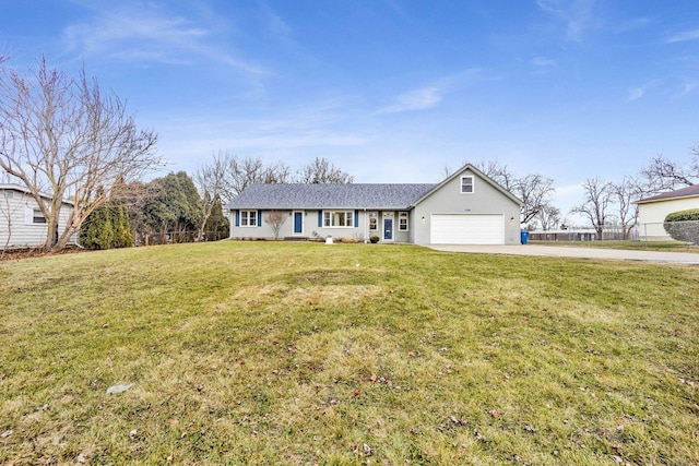 ranch-style house with a garage and a front yard