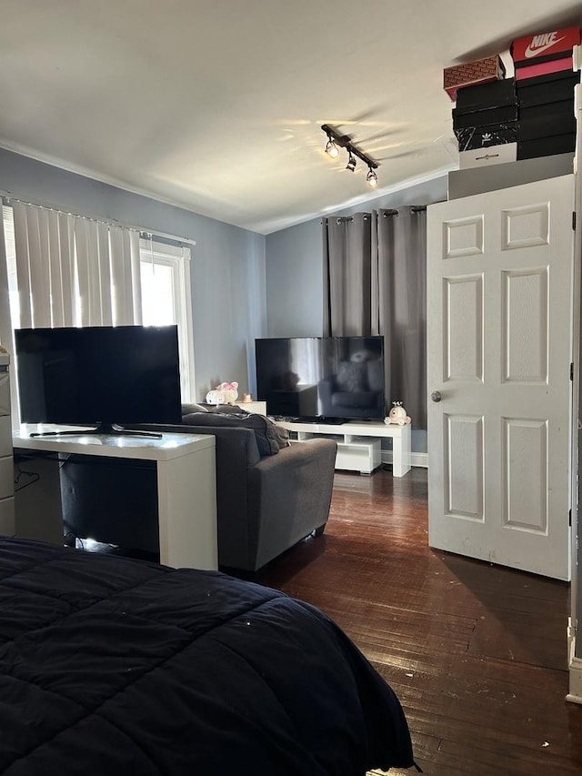 bedroom with rail lighting and dark hardwood / wood-style floors