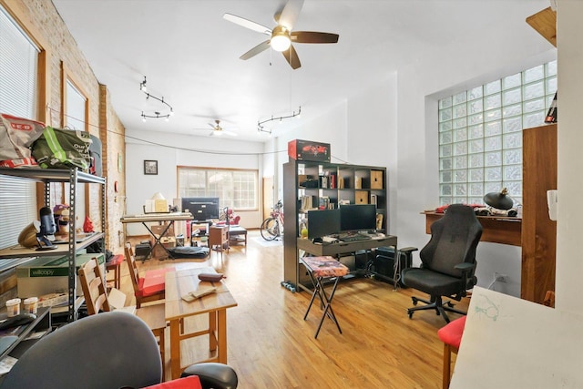 office featuring hardwood / wood-style flooring, ceiling fan, and rail lighting