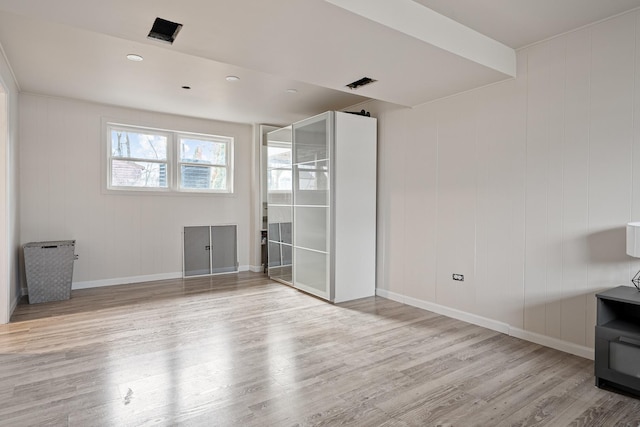 empty room with light hardwood / wood-style floors and wood walls