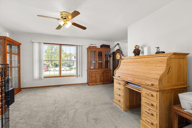 home office with light colored carpet and ceiling fan