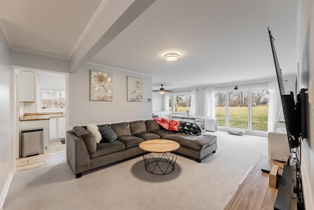 living room featuring light colored carpet, ceiling fan, and ornamental molding