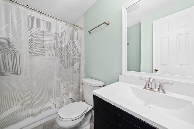 full bathroom with shower / bathtub combination with curtain, vanity, and toilet