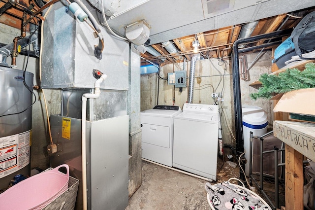 washroom with washing machine and clothes dryer, heating unit, water heater, and electric panel