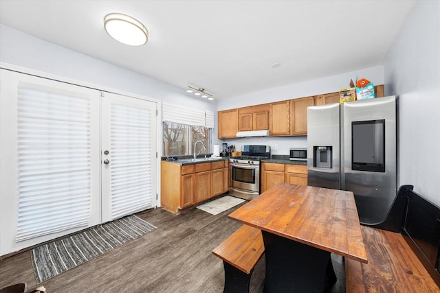 kitchen featuring sink, wood counters, dark hardwood / wood-style flooring, ventilation hood, and appliances with stainless steel finishes